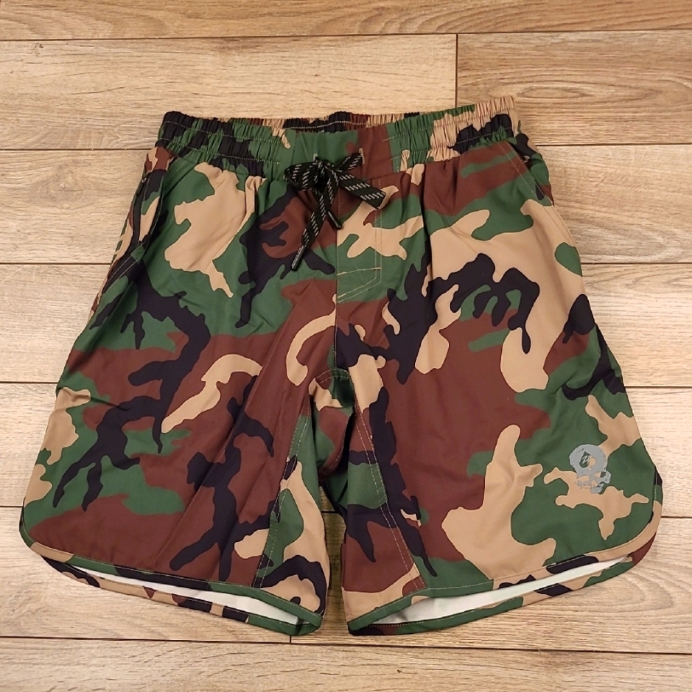 ZERO FOXTROT Green Brown Woodland Camo Sz S 9" Mens Athletic Workout Shorts NWOT